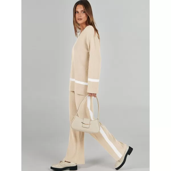 imageANRABESS Womens 2 Piece Outfits Long Sleeve V Neck Knit Sweater Top and Wide Leg Pants Lounge Sets TracksuitsApricot