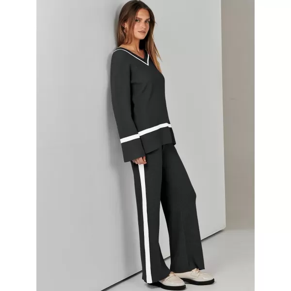 imageANRABESS Womens 2 Piece Outfits Long Sleeve V Neck Knit Sweater Top and Wide Leg Pants Lounge Sets TracksuitsBlack