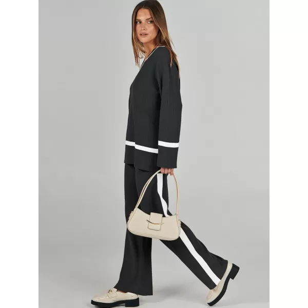 imageANRABESS Womens 2 Piece Outfits Long Sleeve V Neck Knit Sweater Top and Wide Leg Pants Lounge Sets TracksuitsBlack