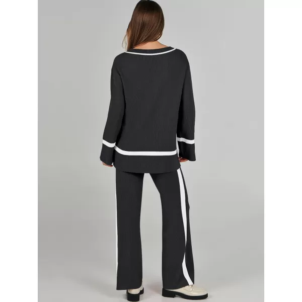imageANRABESS Womens 2 Piece Outfits Long Sleeve V Neck Knit Sweater Top and Wide Leg Pants Lounge Sets TracksuitsBlack