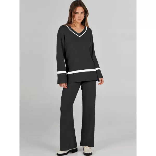 imageANRABESS Womens 2 Piece Outfits Long Sleeve V Neck Knit Sweater Top and Wide Leg Pants Lounge Sets TracksuitsBlack