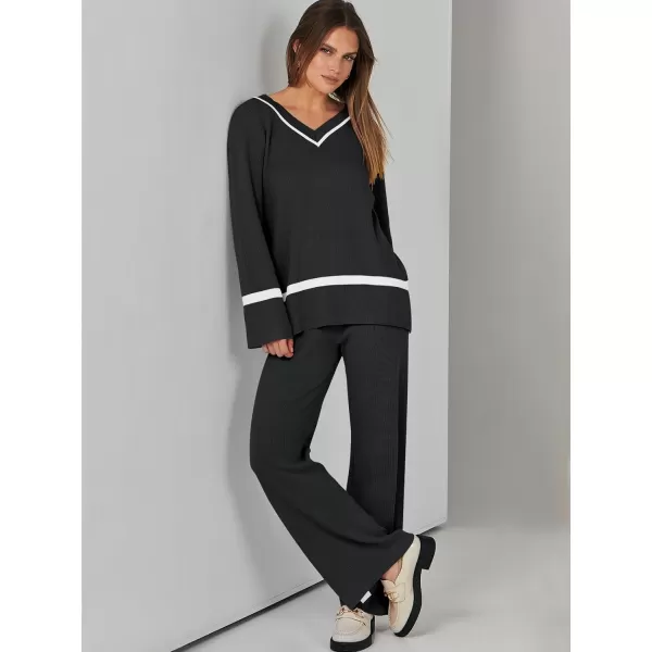 imageANRABESS Womens 2 Piece Outfits Long Sleeve V Neck Knit Sweater Top and Wide Leg Pants Lounge Sets TracksuitsBlack