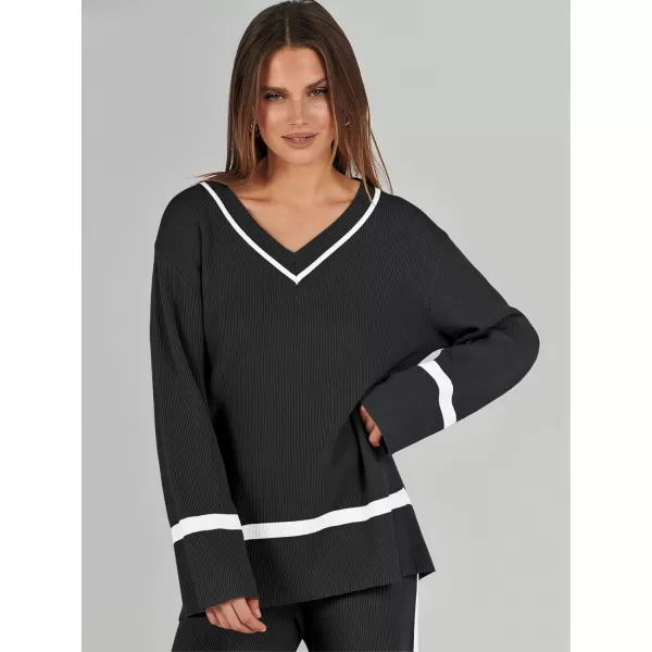 imageANRABESS Womens 2 Piece Outfits Long Sleeve V Neck Knit Sweater Top and Wide Leg Pants Lounge Sets TracksuitsBlack