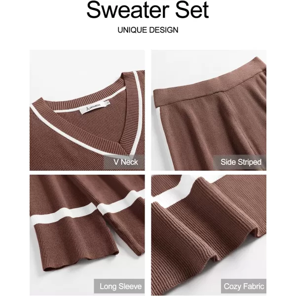 imageANRABESS Womens 2 Piece Outfits Long Sleeve V Neck Knit Sweater Top and Wide Leg Pants Lounge Sets TracksuitsBrown