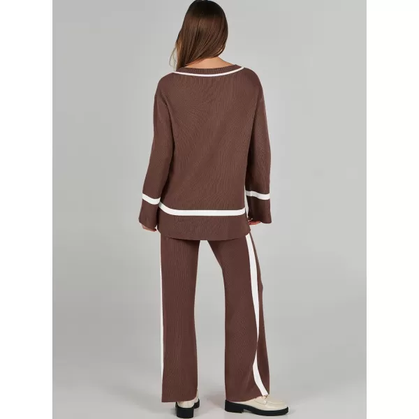 imageANRABESS Womens 2 Piece Outfits Long Sleeve V Neck Knit Sweater Top and Wide Leg Pants Lounge Sets TracksuitsBrown
