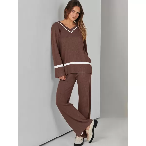 imageANRABESS Womens 2 Piece Outfits Long Sleeve V Neck Knit Sweater Top and Wide Leg Pants Lounge Sets TracksuitsBrown