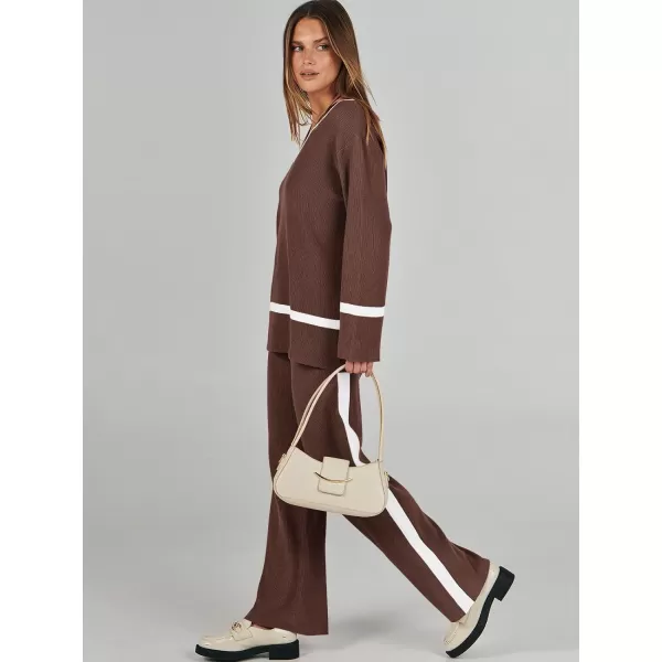 imageANRABESS Womens 2 Piece Outfits Long Sleeve V Neck Knit Sweater Top and Wide Leg Pants Lounge Sets TracksuitsBrown