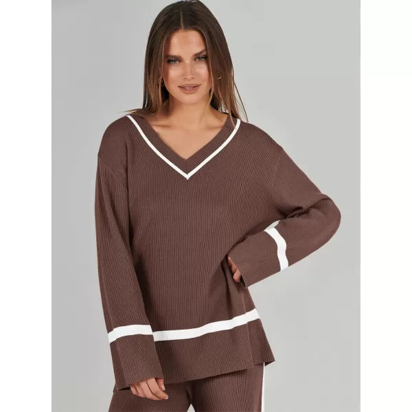 imageANRABESS Womens 2 Piece Outfits Long Sleeve V Neck Knit Sweater Top and Wide Leg Pants Lounge Sets TracksuitsBrown