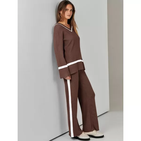imageANRABESS Womens 2 Piece Outfits Long Sleeve V Neck Knit Sweater Top and Wide Leg Pants Lounge Sets TracksuitsBrown