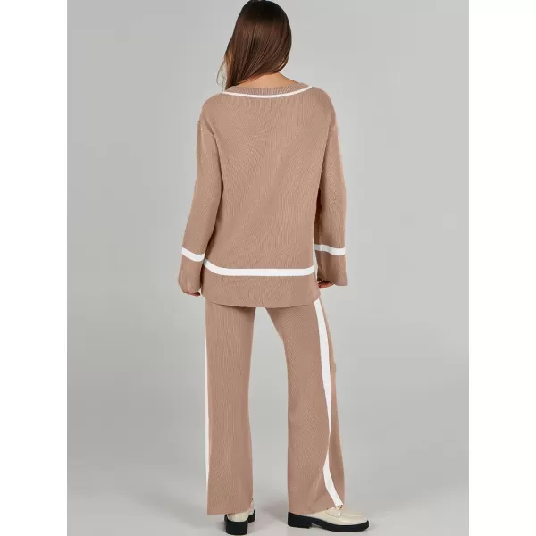imageANRABESS Womens 2 Piece Outfits Long Sleeve V Neck Knit Sweater Top and Wide Leg Pants Lounge Sets TracksuitsDeep Apricot