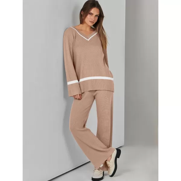 imageANRABESS Womens 2 Piece Outfits Long Sleeve V Neck Knit Sweater Top and Wide Leg Pants Lounge Sets TracksuitsDeep Apricot