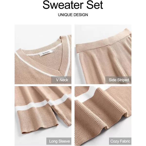 imageANRABESS Womens 2 Piece Outfits Long Sleeve V Neck Knit Sweater Top and Wide Leg Pants Lounge Sets TracksuitsDeep Apricot