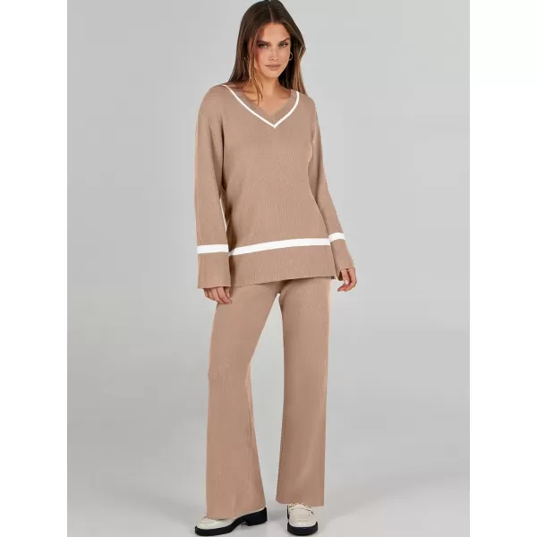 imageANRABESS Womens 2 Piece Outfits Long Sleeve V Neck Knit Sweater Top and Wide Leg Pants Lounge Sets TracksuitsDeep Apricot
