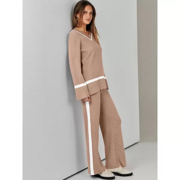 imageANRABESS Womens 2 Piece Outfits Long Sleeve V Neck Knit Sweater Top and Wide Leg Pants Lounge Sets TracksuitsDeep Apricot