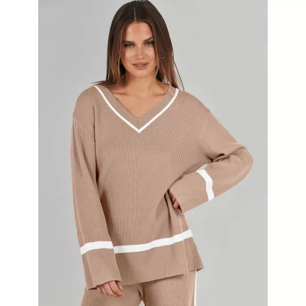 imageANRABESS Womens 2 Piece Outfits Long Sleeve V Neck Knit Sweater Top and Wide Leg Pants Lounge Sets TracksuitsDeep Apricot