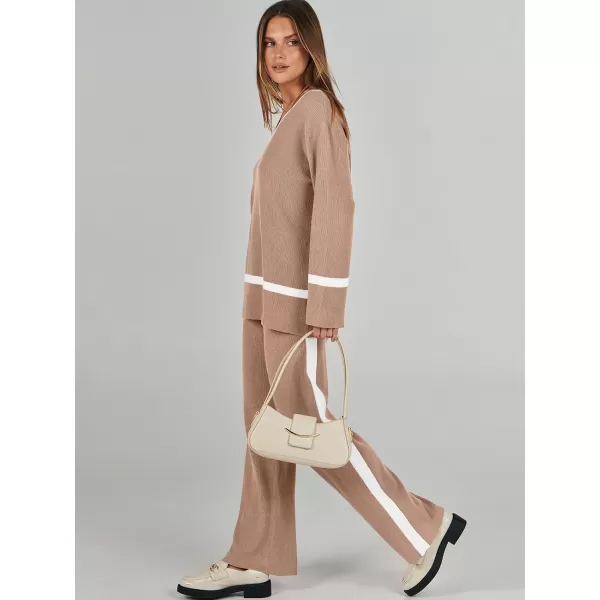 imageANRABESS Womens 2 Piece Outfits Long Sleeve V Neck Knit Sweater Top and Wide Leg Pants Lounge Sets TracksuitsDeep Apricot