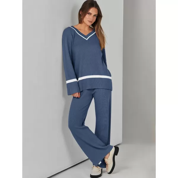 imageANRABESS Womens 2 Piece Outfits Long Sleeve V Neck Knit Sweater Top and Wide Leg Pants Lounge Sets TracksuitsDeep Blue