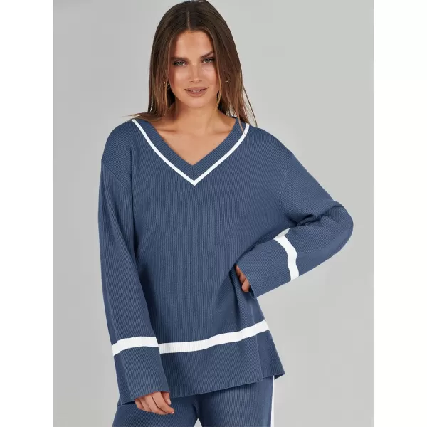 imageANRABESS Womens 2 Piece Outfits Long Sleeve V Neck Knit Sweater Top and Wide Leg Pants Lounge Sets TracksuitsDeep Blue