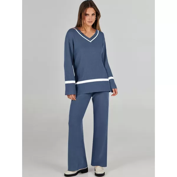 imageANRABESS Womens 2 Piece Outfits Long Sleeve V Neck Knit Sweater Top and Wide Leg Pants Lounge Sets TracksuitsDeep Blue