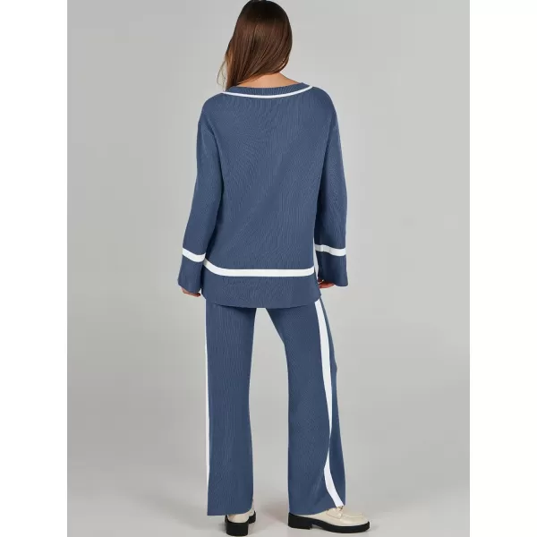 imageANRABESS Womens 2 Piece Outfits Long Sleeve V Neck Knit Sweater Top and Wide Leg Pants Lounge Sets TracksuitsDeep Blue
