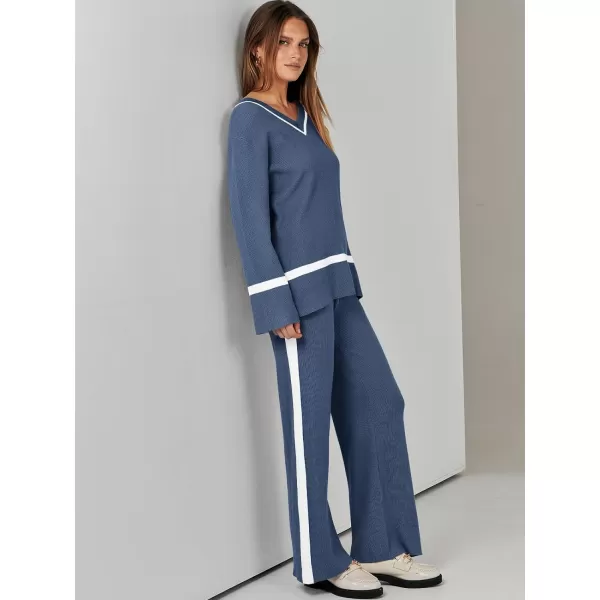 imageANRABESS Womens 2 Piece Outfits Long Sleeve V Neck Knit Sweater Top and Wide Leg Pants Lounge Sets TracksuitsDeep Blue