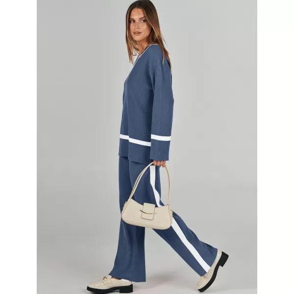 imageANRABESS Womens 2 Piece Outfits Long Sleeve V Neck Knit Sweater Top and Wide Leg Pants Lounge Sets TracksuitsDeep Blue