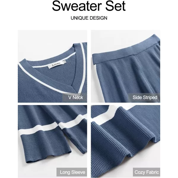 imageANRABESS Womens 2 Piece Outfits Long Sleeve V Neck Knit Sweater Top and Wide Leg Pants Lounge Sets TracksuitsDeep Blue