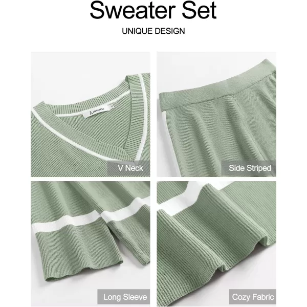 imageANRABESS Womens 2 Piece Outfits Long Sleeve V Neck Knit Sweater Top and Wide Leg Pants Lounge Sets TracksuitsMint Green