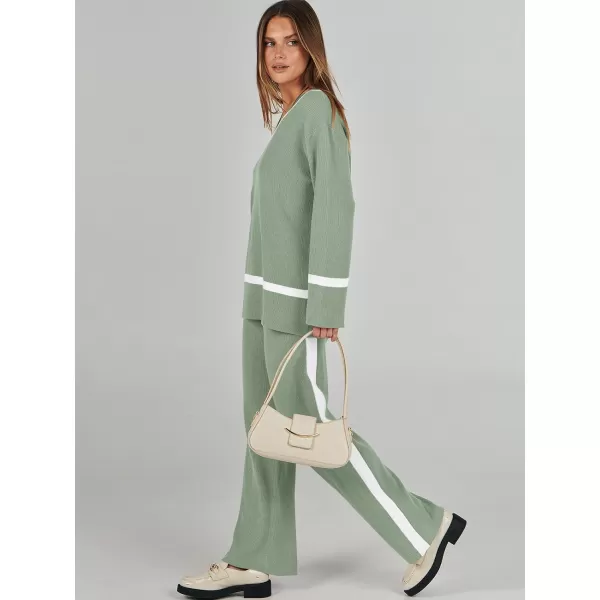 imageANRABESS Womens 2 Piece Outfits Long Sleeve V Neck Knit Sweater Top and Wide Leg Pants Lounge Sets TracksuitsMint Green