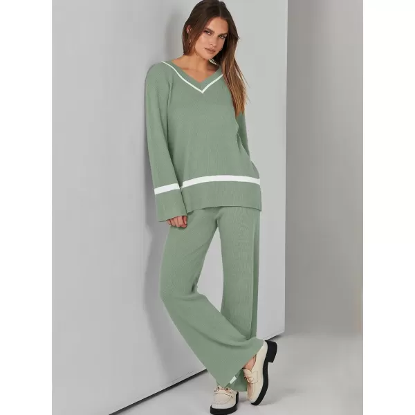 imageANRABESS Womens 2 Piece Outfits Long Sleeve V Neck Knit Sweater Top and Wide Leg Pants Lounge Sets TracksuitsMint Green