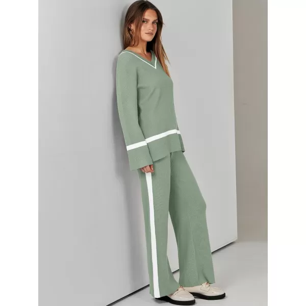 imageANRABESS Womens 2 Piece Outfits Long Sleeve V Neck Knit Sweater Top and Wide Leg Pants Lounge Sets TracksuitsMint Green