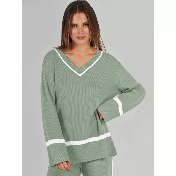 imageANRABESS Womens 2 Piece Outfits Long Sleeve V Neck Knit Sweater Top and Wide Leg Pants Lounge Sets TracksuitsMint Green
