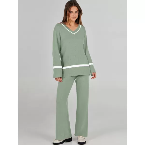 imageANRABESS Womens 2 Piece Outfits Long Sleeve V Neck Knit Sweater Top and Wide Leg Pants Lounge Sets TracksuitsMint Green