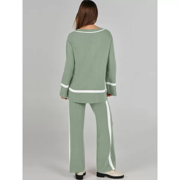 imageANRABESS Womens 2 Piece Outfits Long Sleeve V Neck Knit Sweater Top and Wide Leg Pants Lounge Sets TracksuitsMint Green