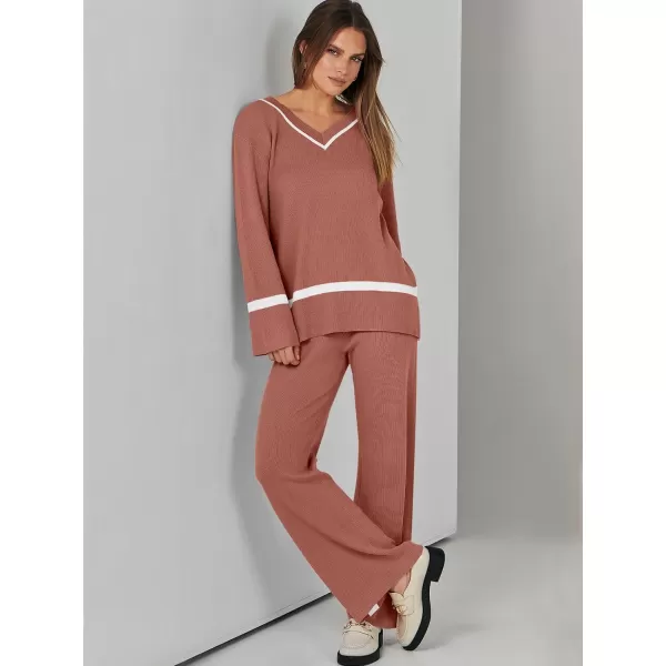 imageANRABESS Womens 2 Piece Outfits Long Sleeve V Neck Knit Sweater Top and Wide Leg Pants Lounge Sets TracksuitsRust Red
