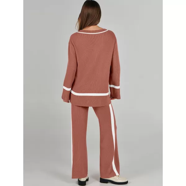 imageANRABESS Womens 2 Piece Outfits Long Sleeve V Neck Knit Sweater Top and Wide Leg Pants Lounge Sets TracksuitsRust Red