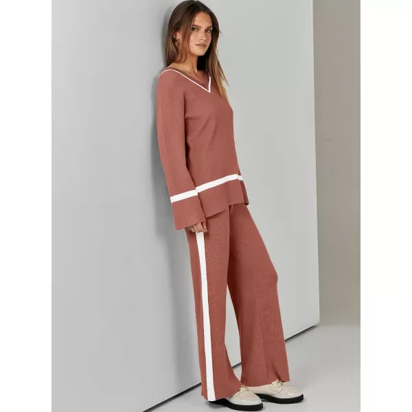 imageANRABESS Womens 2 Piece Outfits Long Sleeve V Neck Knit Sweater Top and Wide Leg Pants Lounge Sets TracksuitsRust Red