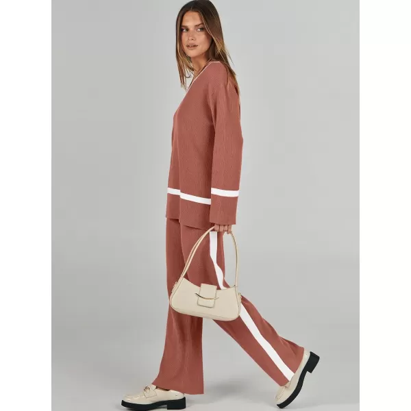 imageANRABESS Womens 2 Piece Outfits Long Sleeve V Neck Knit Sweater Top and Wide Leg Pants Lounge Sets TracksuitsRust Red