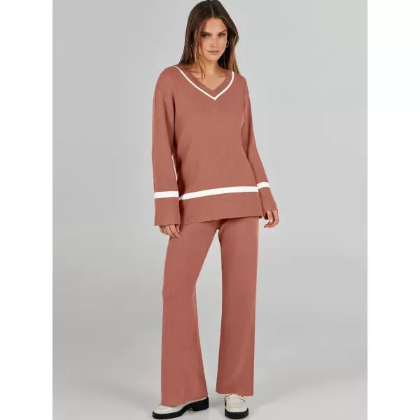 imageANRABESS Womens 2 Piece Outfits Long Sleeve V Neck Knit Sweater Top and Wide Leg Pants Lounge Sets TracksuitsRust Red