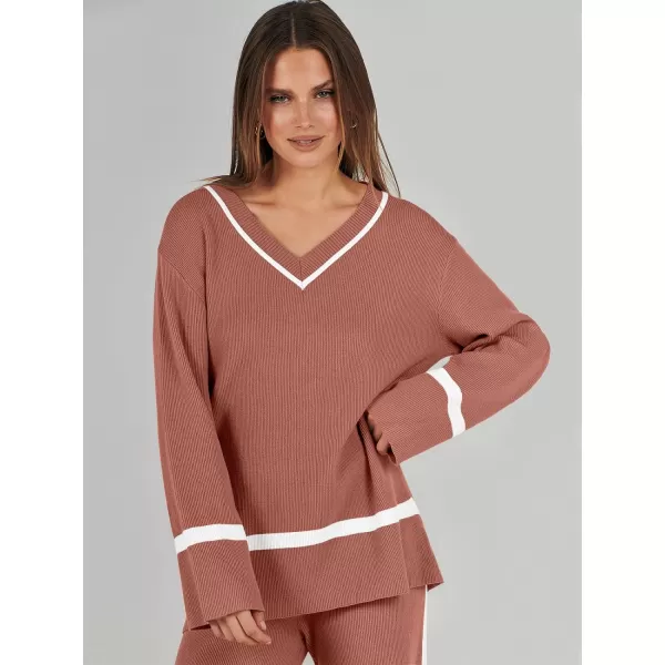 imageANRABESS Womens 2 Piece Outfits Long Sleeve V Neck Knit Sweater Top and Wide Leg Pants Lounge Sets TracksuitsRust Red