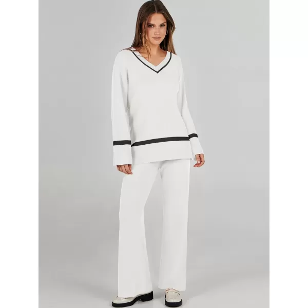 imageANRABESS Womens 2 Piece Outfits Long Sleeve V Neck Knit Sweater Top and Wide Leg Pants Lounge Sets TracksuitsWhite