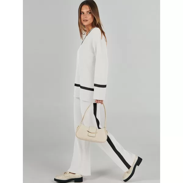 imageANRABESS Womens 2 Piece Outfits Long Sleeve V Neck Knit Sweater Top and Wide Leg Pants Lounge Sets TracksuitsWhite