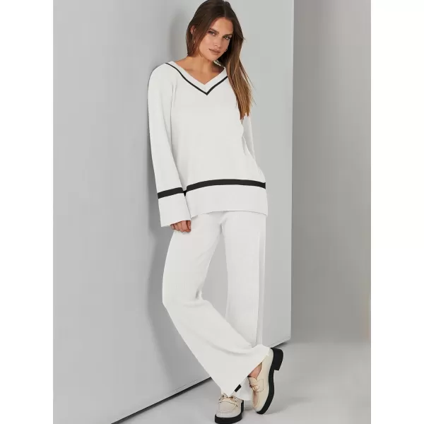 imageANRABESS Womens 2 Piece Outfits Long Sleeve V Neck Knit Sweater Top and Wide Leg Pants Lounge Sets TracksuitsWhite