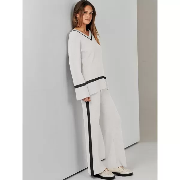 imageANRABESS Womens 2 Piece Outfits Long Sleeve V Neck Knit Sweater Top and Wide Leg Pants Lounge Sets TracksuitsWhite