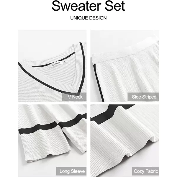 imageANRABESS Womens 2 Piece Outfits Long Sleeve V Neck Knit Sweater Top and Wide Leg Pants Lounge Sets TracksuitsWhite