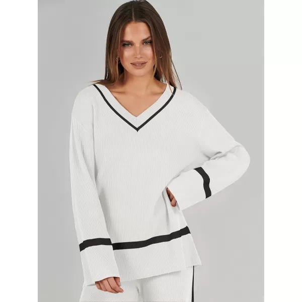 imageANRABESS Womens 2 Piece Outfits Long Sleeve V Neck Knit Sweater Top and Wide Leg Pants Lounge Sets TracksuitsWhite