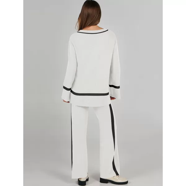 imageANRABESS Womens 2 Piece Outfits Long Sleeve V Neck Knit Sweater Top and Wide Leg Pants Lounge Sets TracksuitsWhite