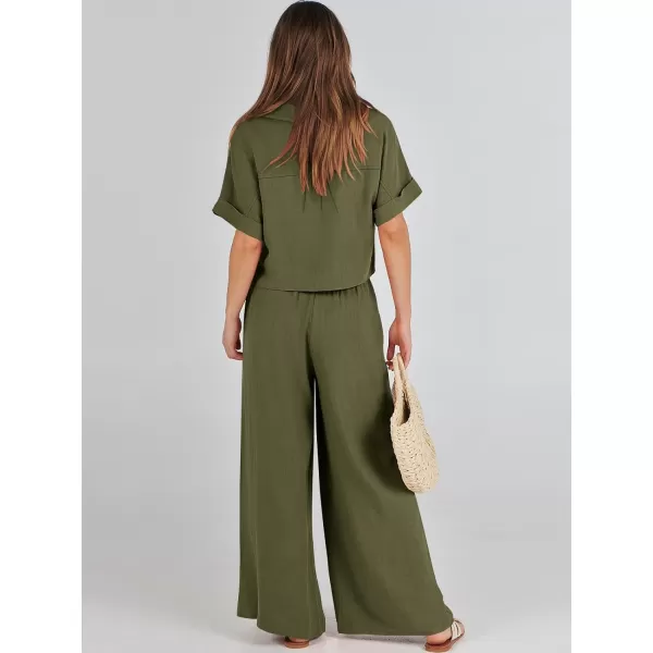 imageANRABESS Womens 2 Piece Outfits Lounge Sets 2024 Summer Short Sleeve V Neck Crop Top Wide Leg Pants Casual Resort WearArmy Green