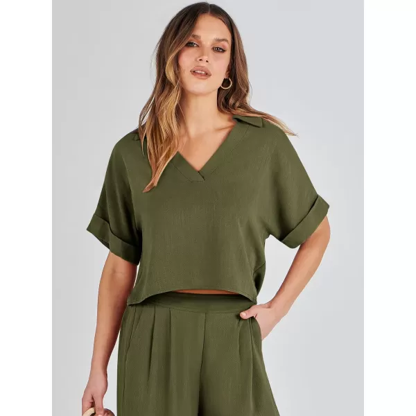 imageANRABESS Womens 2 Piece Outfits Lounge Sets 2024 Summer Short Sleeve V Neck Crop Top Wide Leg Pants Casual Resort WearArmy Green