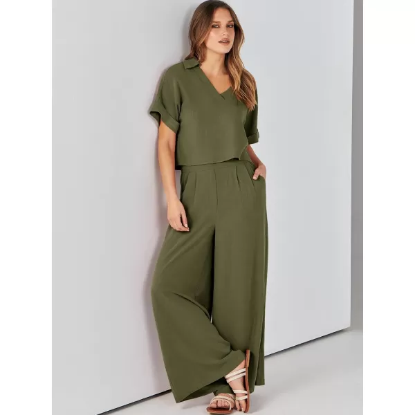 imageANRABESS Womens 2 Piece Outfits Lounge Sets 2024 Summer Short Sleeve V Neck Crop Top Wide Leg Pants Casual Resort WearArmy Green